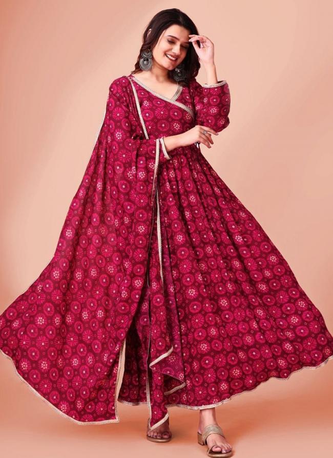 Silk Rani Casual Wear Printed Readymade Gown With Dupatta